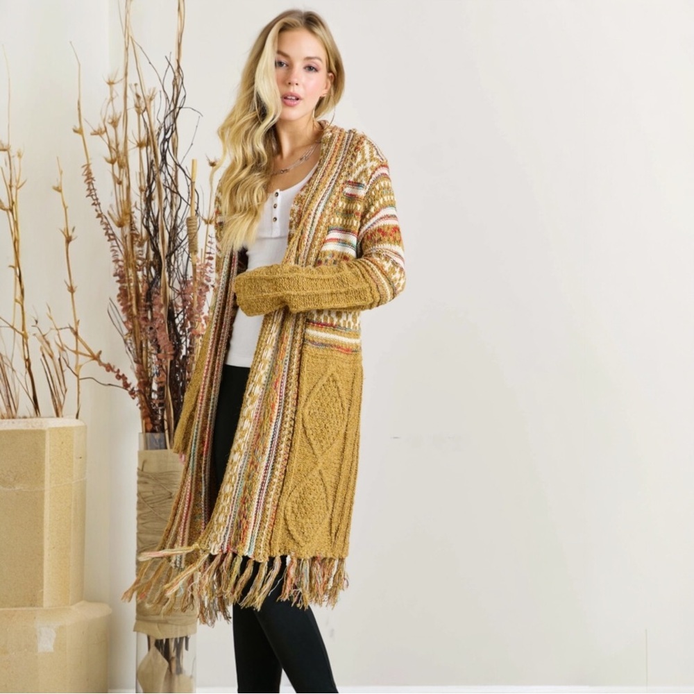 Bohemian Longline Knit Cardigan With Fringe Tassel Hem Southwestern Aztec Print